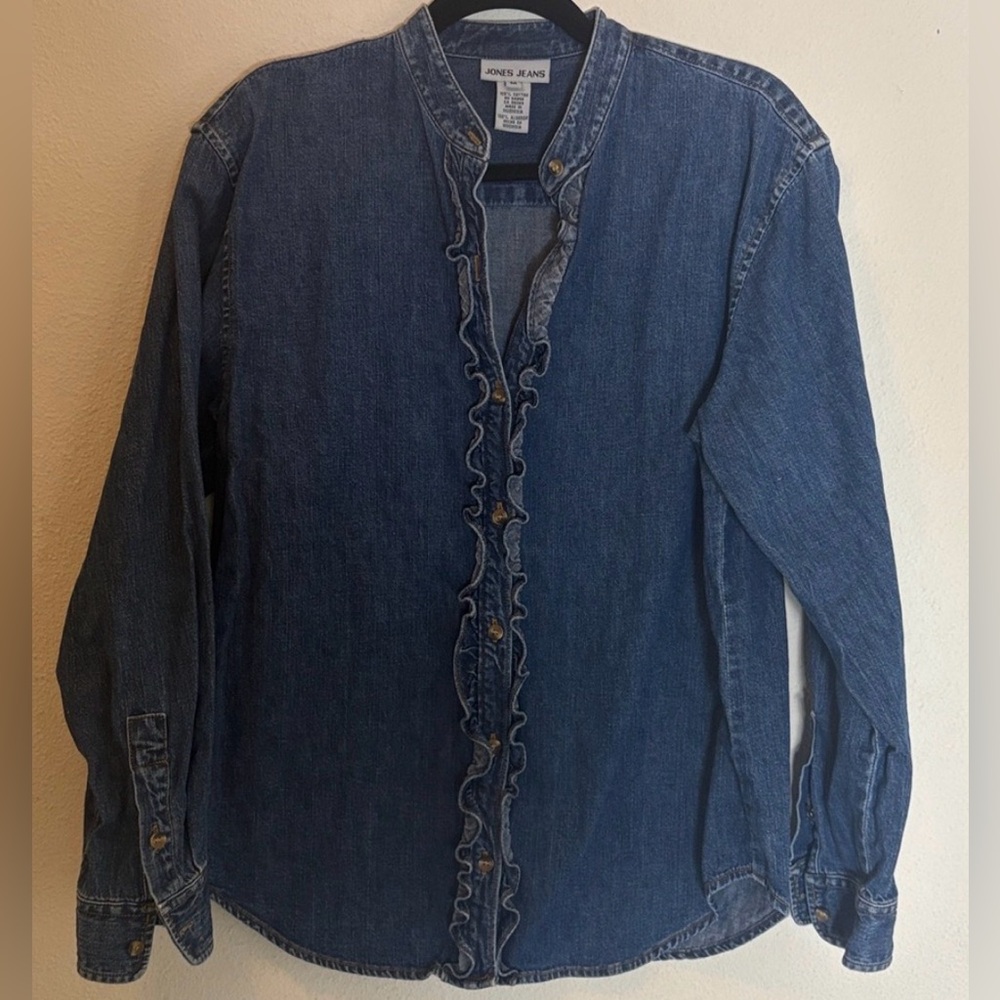 Vintage Jones Jeans Classic Blue Denim shirt with ruffles 100% cotton M